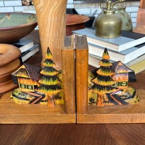 Vintage MCM Handcrafted Wooden Book Ends Hand Painted Rare Cottage Spruce Tree